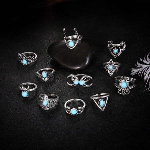 'Warrior' 11-piece Turquoise Boho Silver Ring Set - Picture 3 of 4